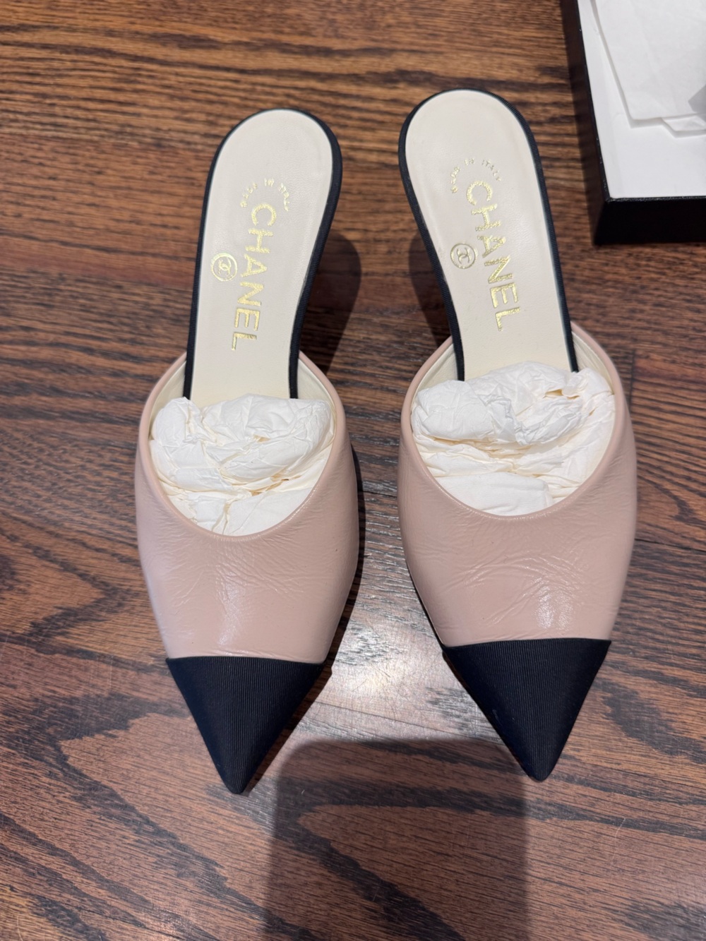 CHANEL Blush Pink Leather Slide with Black Cap Toe